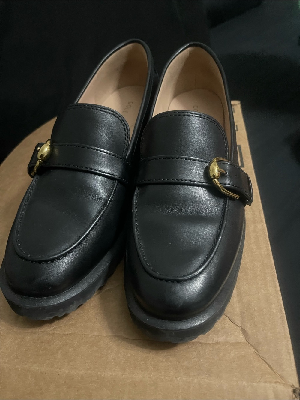 Cole Haan Black Leather Loafers with Gold Buckle